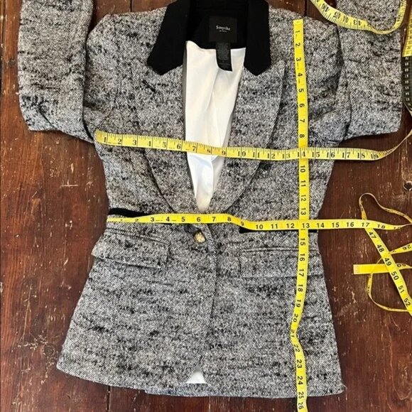 Smythe Contrast Collar Tweed Fitted Wool Blazer White and Black Sz 4 - Picture 6 of 11